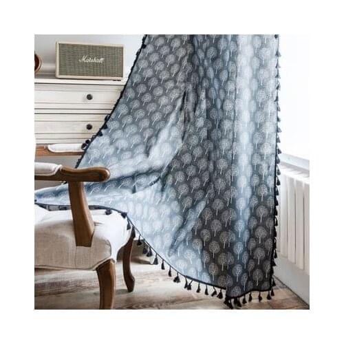 Curtain finished small tree printing black tassel American small window kitchen curtain cotton hemp semi shading floating window