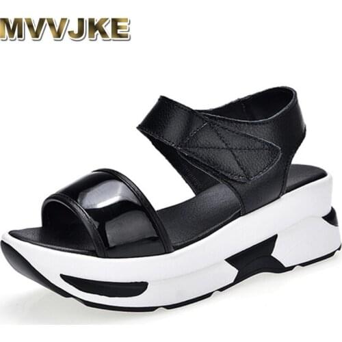 MVVJKE summer fashion women platform sandals female patent leather wedge hook buckle casual open solid flat sandals