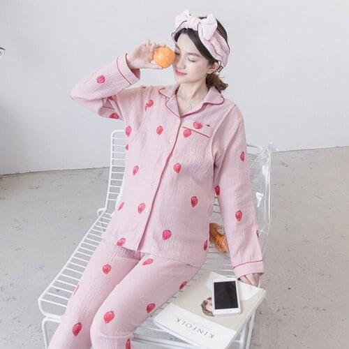 Expectant Mother Nursing Pajamas Set Long Sleeve T-shirt+Trousers Pregnant Women Sleepwear Postpartum mother Strawberry Pajamas