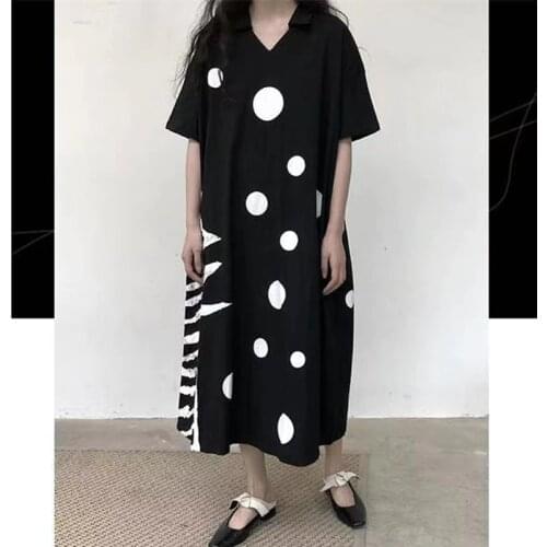 Japanese Yamamoto Style Black Print Dot Sweet Girls Blouse Dress Cotton Linen Loose Women Street Fashion Casual Summer Dress