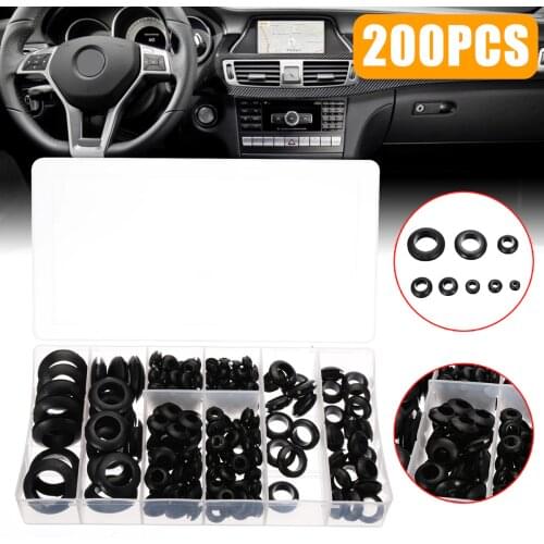 200Pcs/Box Black Rubber Grommet Assortment Set Electrical Wire Gasket Kit