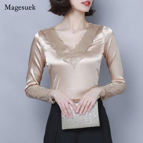 2021 Spring New Elegant Ol White Base Blouse Women V-neck Long Sleeve Lace Stitching Chiffon Blouse Women Chemisier Femme 9489