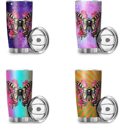 1Pc 600ML Colorful Butterfly Printing Water Bottle Stainless Steel Leakproof Car Water Cup Double Vacuum Insulated Cup Juice Mug