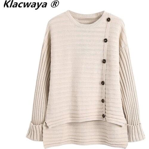 Klacwaya 2021 Women Fashion O Neck Buttoned Decoration Knitted Ribbed Sweater Vintage Long Sleeve Female Loose Casual Pullover