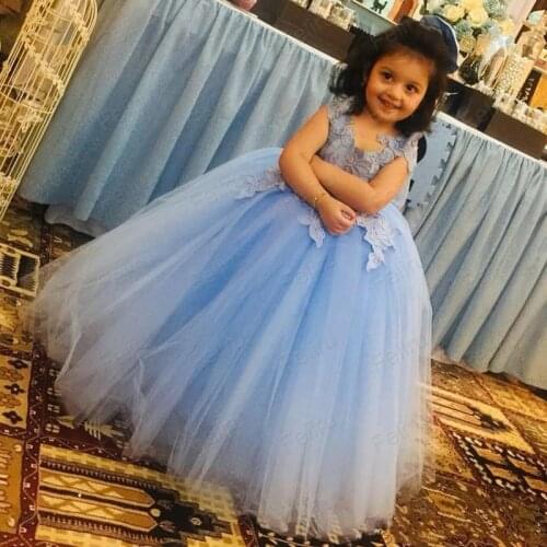 Hot Sale Lace Applique Tulle Puffy Flower Girls' Dresses Capped Sleeves Long Floor Pageant Party Wedding Gowns