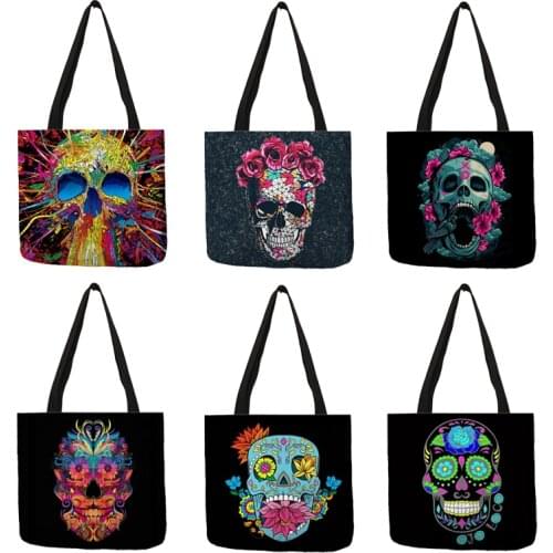 Floral Skull Print Linen Tote Bag Reusable Shopping Bags Folding Women Casual Handbags Lady Fabric Totes