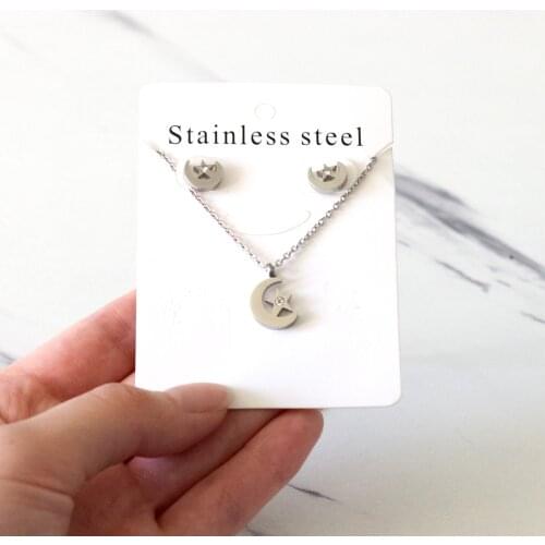 LUXUKISSKIDS Moon Star Shape Stainless Steel Silver Color Chain Necklaces Earrings Set For Women Party Jewellry Gift 2021 New