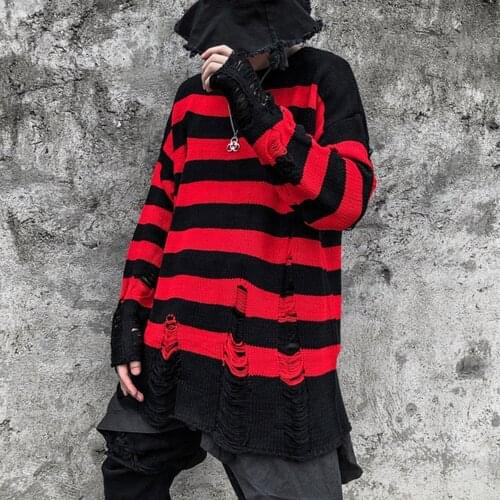 2021 new Red Black Stripe Sweaters Women Destroyed Ripped Sweater Men Pullover Casual Knit Jumpers Unisex Oversized Long Sleeve