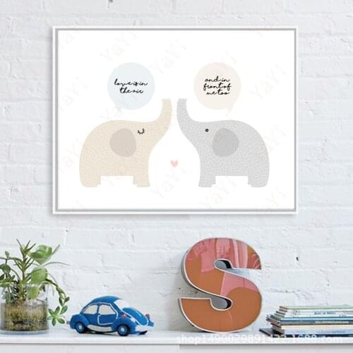 HAOCHU New Nordic Blue pink elephant playing childrens cartoon home decoration poster love for kid canvas painting wall art