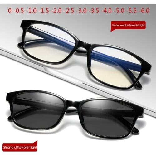 Square Frame Change Color Eyewear Photochromic Glasses Women Men UV400 0 -0.5 -1.0 -1.5 -2.0 -2.5 -3.0 To -6.0