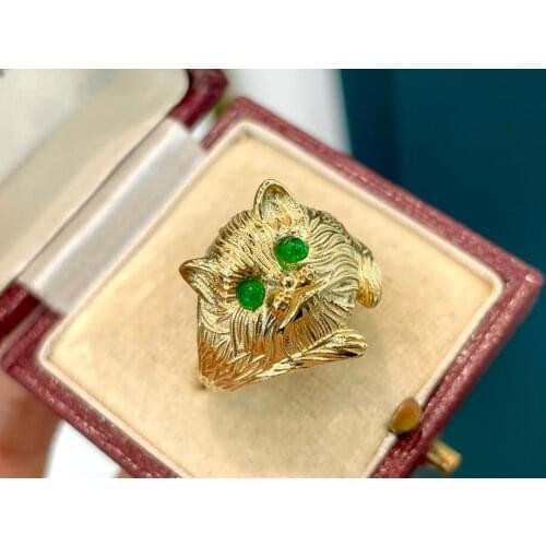 Solid 18K Gold 0.15ct Kitten Nature Emerald Gemstones Rings for Women Fine Jewelry Presents the Six-word Admonition