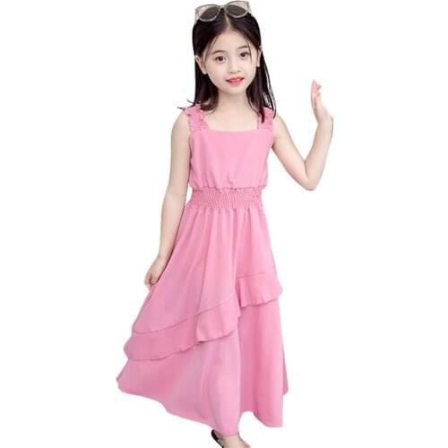 Teenage Girls Dress Solid Color Girl Party Dress Summer Children Dress Casual Style Girls Clothes 6 8 10 12 14