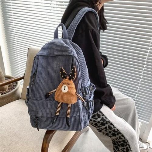 Hylhexyr Womens Backpack Solid Color Corduroy Knapsack Zipper Fashion Student School Bagpack Casual Schoolbag For Teenage Girls
