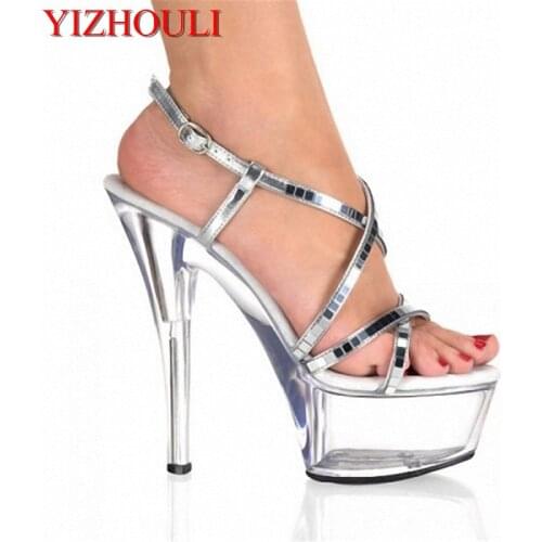 15cm ultra high heels platform noble paillette sandals Silver Mirror and Clear 6 Inch High Heel Mid Platform Strappy Sandals