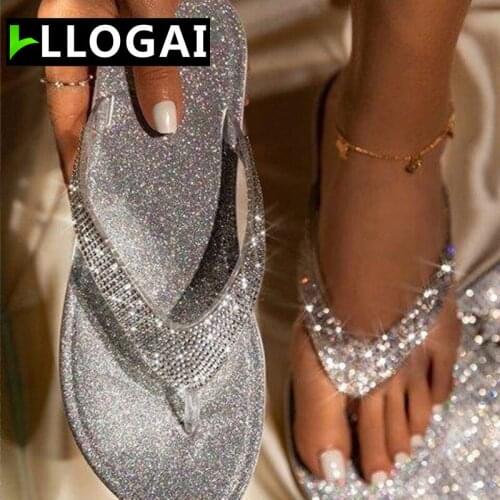 Womens Sandals Rhinestone Glitter Flat Slippers Slip on Flat Heel Sandals Beach Summer Flip Flops Thong Sandalen Shoes Woman