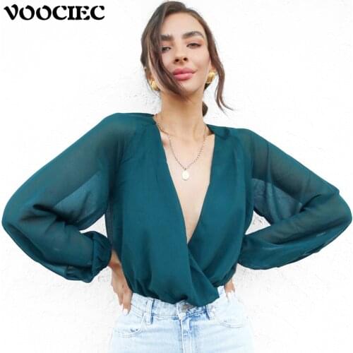 VOOCIEC Chiffon Jumpsuit Sexy self-cultivation Long sleeve deep V-neck casual Chiffon Jumpsuit longsleeve bodysuit