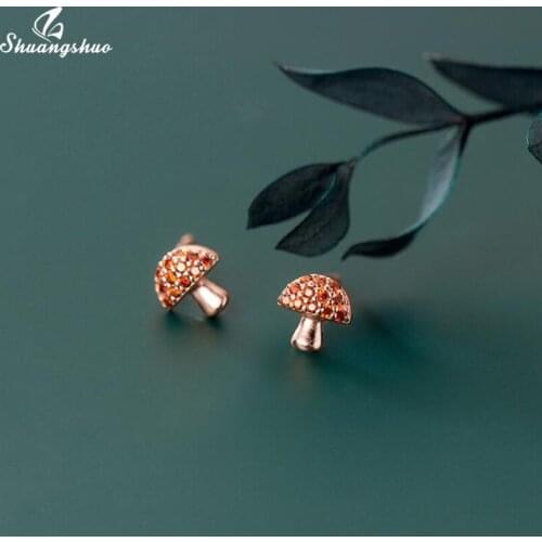Shuangshuo 100% 925 Sterling Silver Earring Cute Tiny Enamel Red Mushroom Stud Earrings Fine Jewelry for Women Birthday Gift