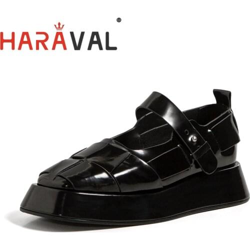 HARAVAL Women Pumps Shoes Thick Heels Genuine Leather Elegant Fashion Black White Office & Career Solid Buckle Strap B287
