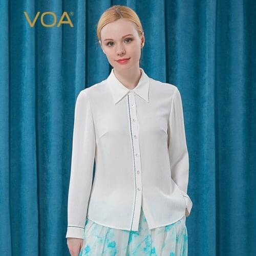 VOA heavyweight silk 30m/m milk white polo collar long sleeve single breasted blue line hollowed out edging straight shirt BE291