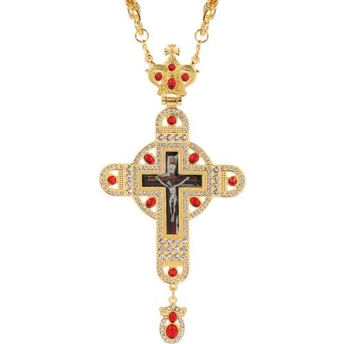 High Quality Cross Orthodox Large Crucifix Necklace Gold Color Red Crystal Russian Greece Jewelry Men Hip Hop Religious Necklace