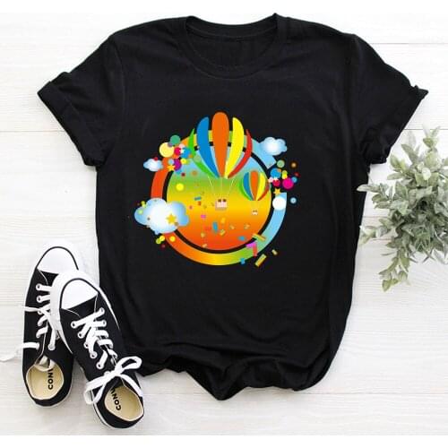 Hot air balloon Print ladies T-shirt ladies casual basis O-collar white shirt short sleeve ladies T-shirt TX9551