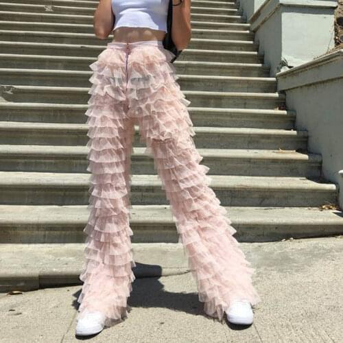Chic Tiered Tulle Pants for Women Layered Tiers Pink Tulle Women Pants Street Stylish Fashion Ladies Long Trousers