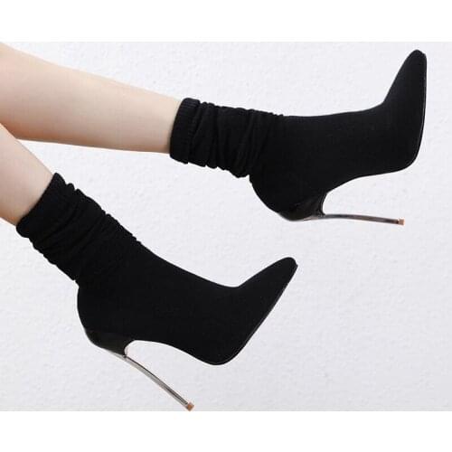 2021 Over The Knee Women Boots Winter New Stretch Fabrics High Heel Slip On Shoes Pointed Toe Woman Black Long Boots Size 35-42