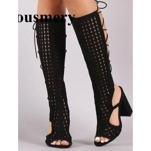 New Design Women Fashion Open Toe Suede Leather Lace-up Knee High Gladiator Boots Cut-out Thick Heel Sandal Boots High Heel Boot