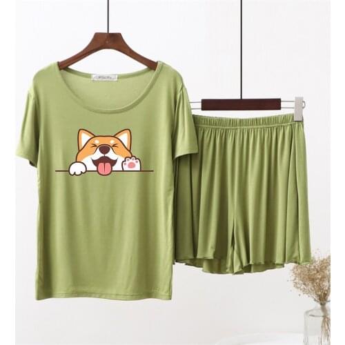Female Modal Cotton 2 Pieces Set Homewear Cute Shiba Inu Cartoon Sleepwear Summer Women Loose Solid O-neck Short Sleeve Pajamas