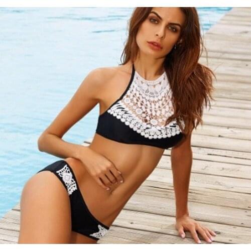 2019 ROSIELARS Lace High Collar Open Back Colorblock Bikini Hot Sale Female Bikini Womens Swimming Suit Summer Beach Swimwear