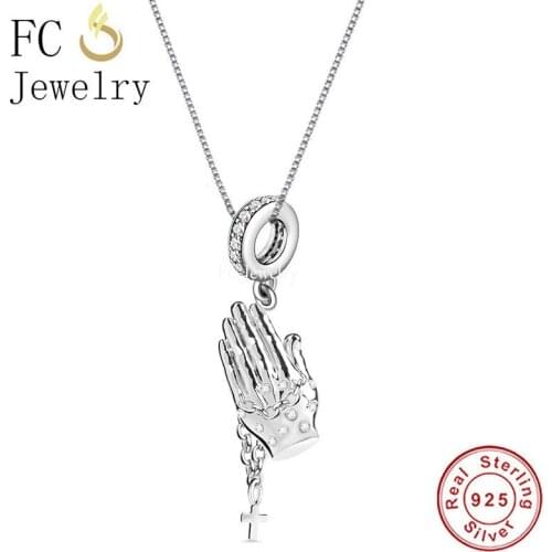 925 Sterling Silver Belief Pray Hand With Cross Mix Zircon Pendant Necklace For Women Chain Choker Handmade Trinket 2021 Fashion
