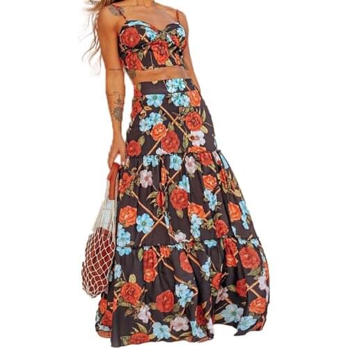 Summer New 2021 Women Dress Sets Sexy Floral Print Slash Neck Sleeveless Crop Tops with High-waisted Loose Maxi Skirt Dress Sets