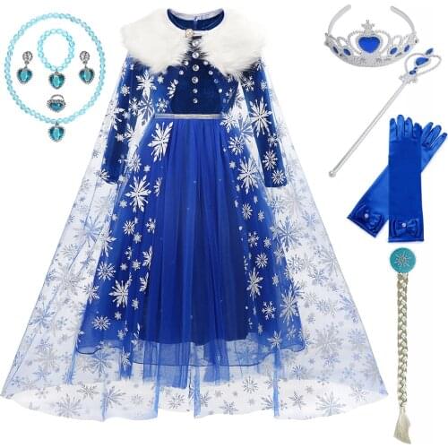 Winter Girls Queen Elsa Dress for Girls Long Sleeve Warm Princess Ball Gown Halloween Elza Costume Kids Party Vestidos with Cape