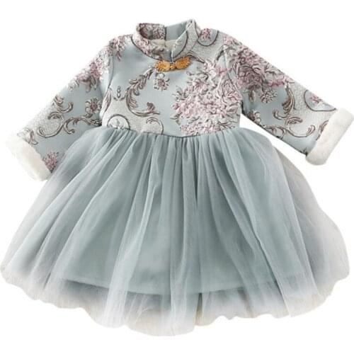 Toddler Girls Winter Princess Dress Fashion Embroidery Plus Velvet Thicken Mesh Patchwork Cheongsam Dress 2-7Yrs Kids Clothes