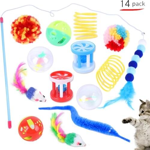 14PCS Cat Interactive Toy Set Cat Feather Teaser Wand Toy For Kitten Cat Drum Fluffy Mouse Bell Ball Cat Stick Cat Supplies Gift