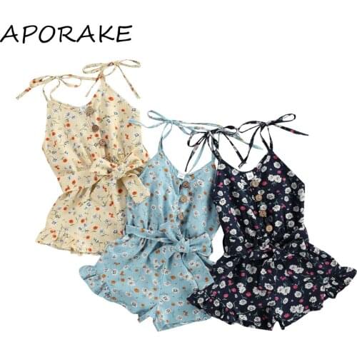 2021 1-6Y Summer Children Floral Print Sling Romper with Ruffle Girls Sleeveless V-neck Short Jumpsuit with Waistband