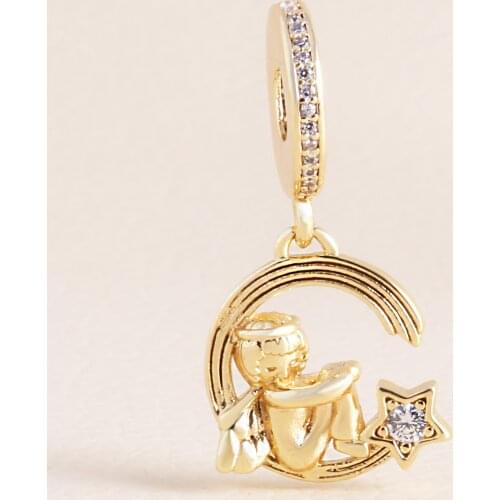 Free Shipping Authentic 925 Sterling Silver Golden Stars&Moon Charms Fit Original Bracelet For Women DIY Jewelry