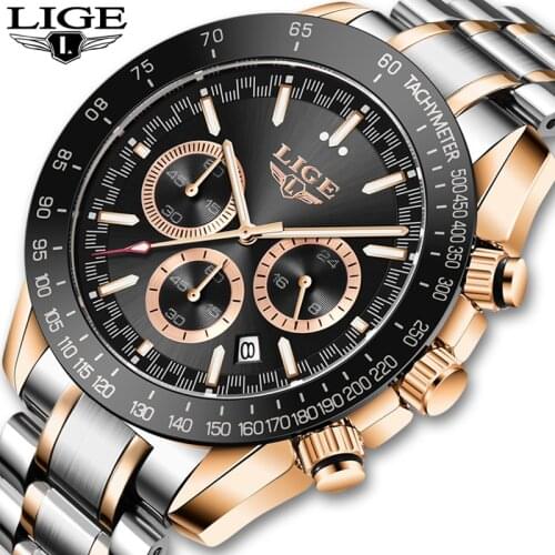 2021 New Men Watches LIGE Top Brand Luxury Stainless Steel Quartz Watch Men Waterproof Sports Chronograph Relogio Masculino+Box