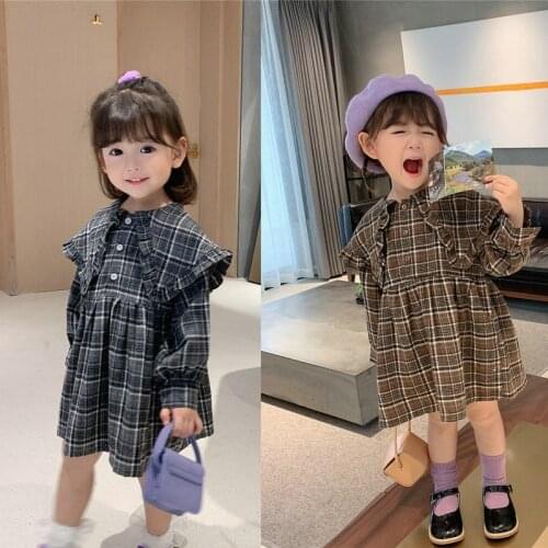 2021 Spring Autumn Girls Sweet Plaid Long Sleeve Dress Baby Kids Children Clothes