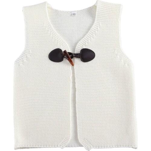 Childrens Solid Color Knitting Sweater Waistcoat Sleeveless Sweater with Horn Buckle for Autumn and Winter