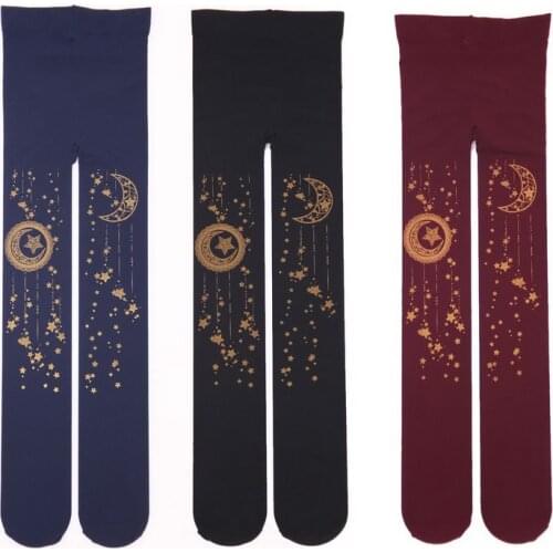 Sweet Mori Girl Tights Kawaii Gold Star & Moon Stamped 100D Lolita Pantyhose