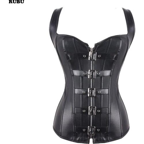 Synthetic leather steel boned CORSET strong SEXY goth steampunk bondage Zipper top punk corsets waist trainer