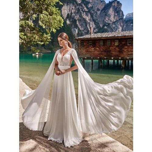 A Line Lace Beach Long Chiffon Cape Wedding Dress 2021 V-Neck Open Back Vestido Custom Made Outdoor Formal Bride Bridal Gowns