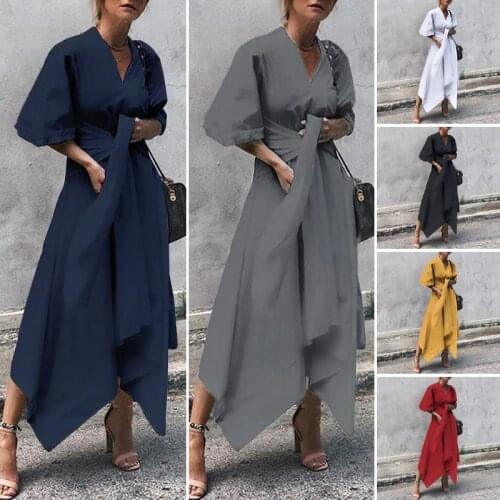VONDA Summer Dress 2021 Women Vintage Sexy V Neck Asymmetrical High Waist Long Maxi Dress Oversized OL Sundress Party Vestido