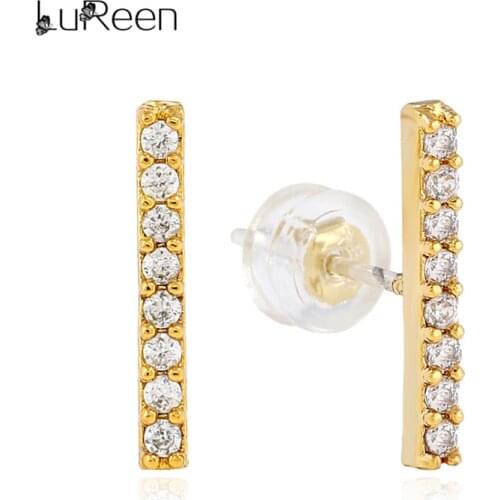 LuReen Luxury Gold Stud Earrings Men Micro Pave CZ Rhinestone Stick Shape Earring For Women Fashion Jewelry Gift WGEH1014