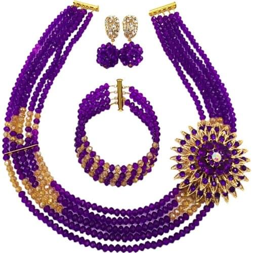 Fashion Purple Gold AB Crystal Beaded Multi Strands Necklace Nigerian Wedding African Beads Jewelry Set for Women 5C-YHK11