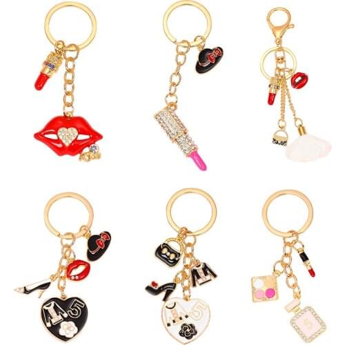 Fashion Creative Enamel Lipstick Perfume High Heels Exquisite Keychain Ladies Bag Men Car Pendant Metal Key Ring Lover Gift