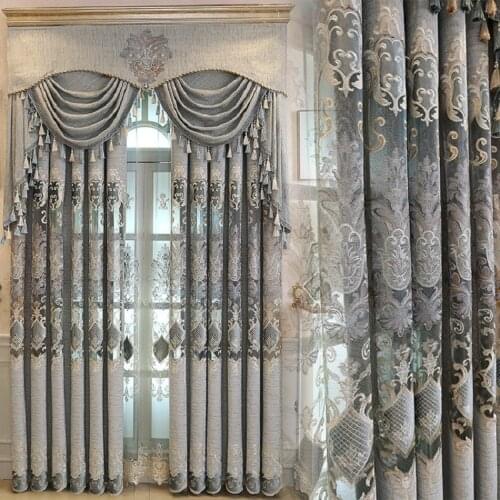 New European Luxury Gray Curtains for Living Dining Room Bedroom Fabric Chenille Embroidery Valance Curtain Fabric Custom