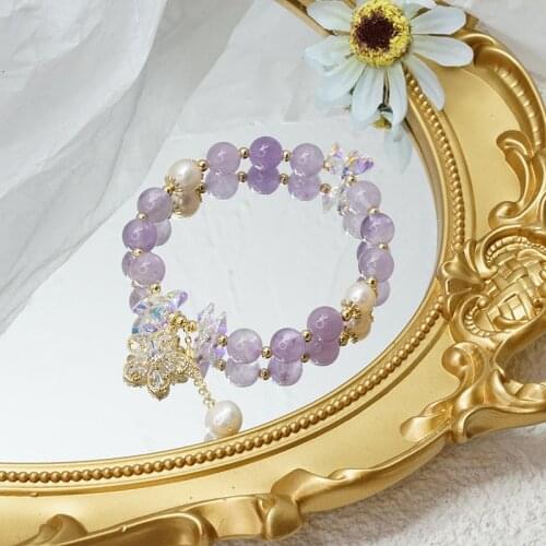 New Arrival Trendy Natural Freshwater Pearls Amethyst Beads Flower Pendant Strand Bracelets for Women Girls Fine Jewelry YBR333