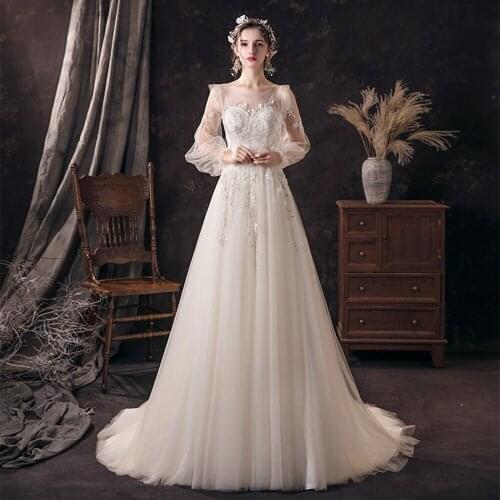 Wedding Dress Appliques Beading Long Sleeves Bridal Dresses A-line Tulle Wedding Gown with Train